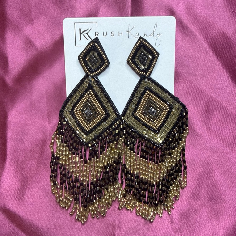 Krush Kandy Boho Beaded Dangle Tassels Fringe Black & Gold Earrings